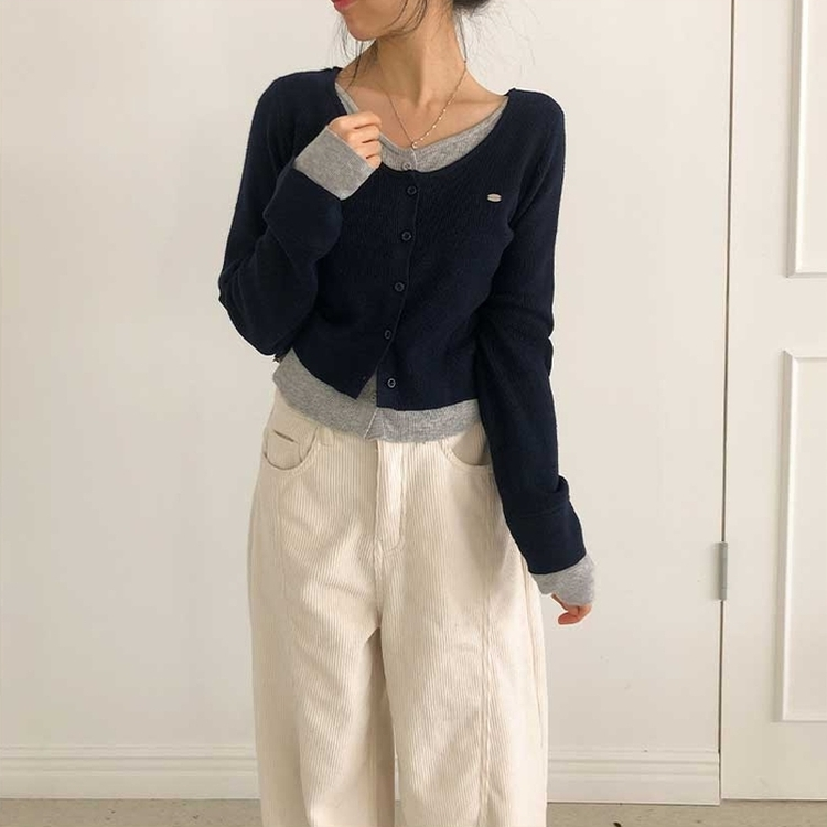 レイヤードバイカラーペンダントカーディガン NAVY