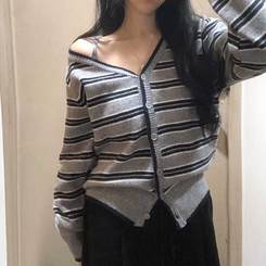 ストライプワンショルダーニットカーディガン GREY