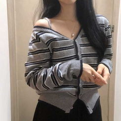 ストライプワンショルダーニットカーディガン GREY