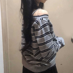 ストライプワンショルダーニットカーディガン GREY