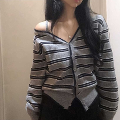 ストライプワンショルダーニットカーディガン GREY