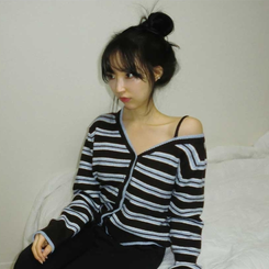 ストライプワンショルダーニットカーディガン SKY BLUE