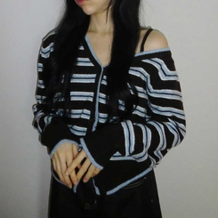 ストライプワンショルダーニットカーディガン SKY BLUE