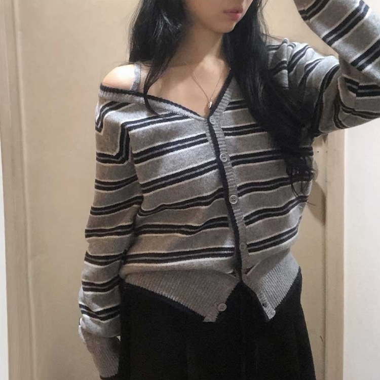 ストライプワンショルダーニットカーディガン GREY