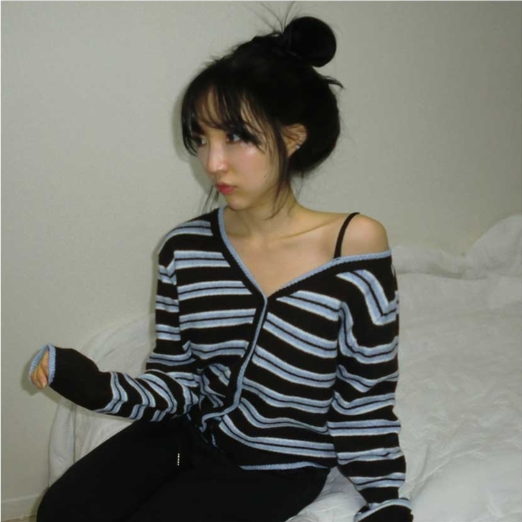 ストライプワンショルダーニットカーディガン SKY BLUE