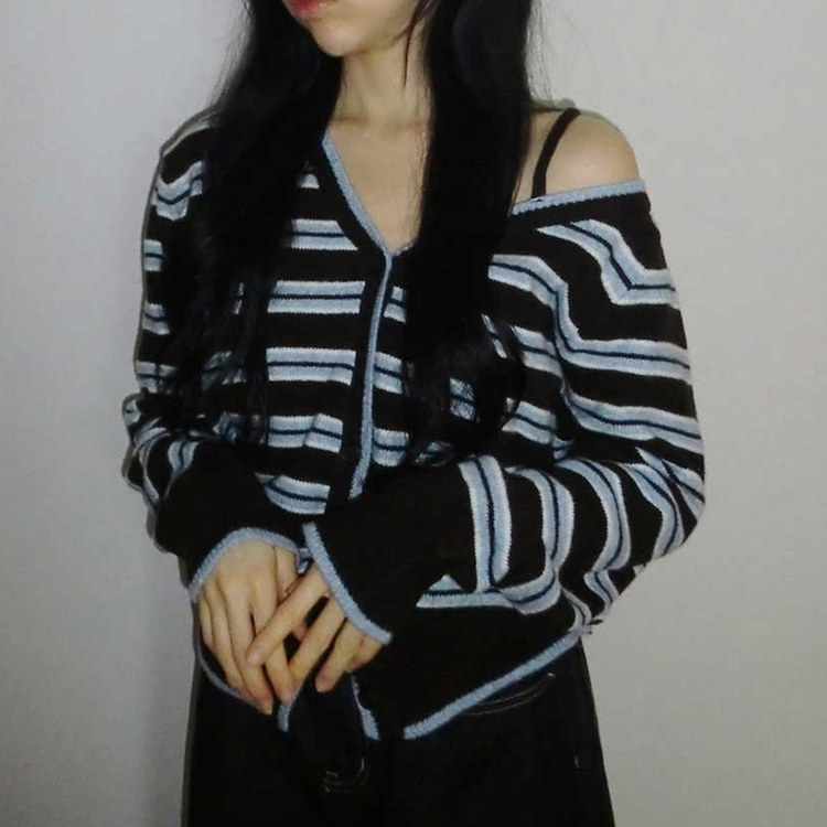 ストライプワンショルダーニットカーディガン SKY BLUE