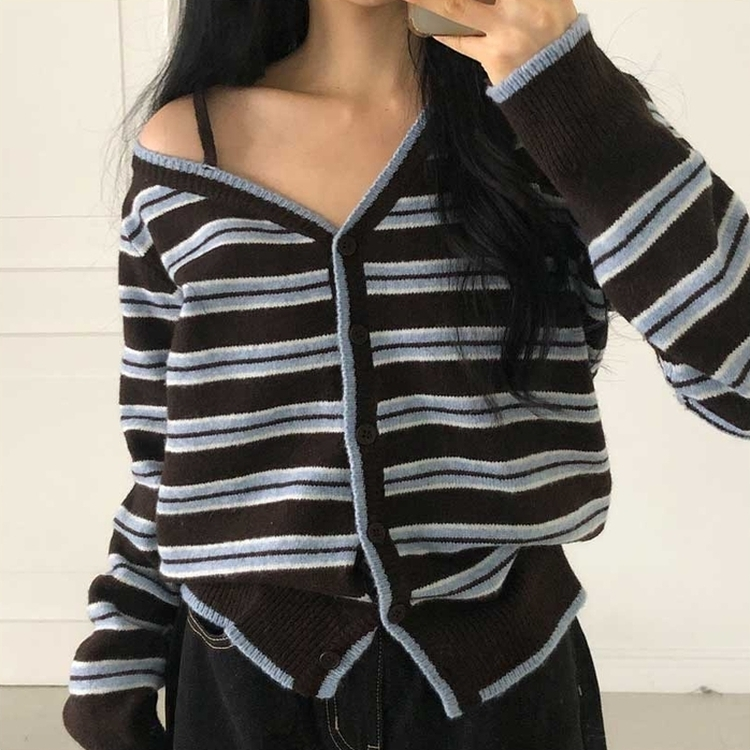 ストライプワンショルダーニットカーディガン SKY BLUE