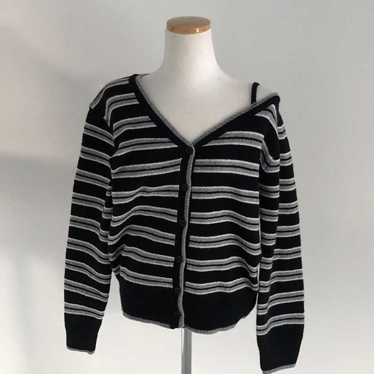 ストライプワンショルダーニットカーディガン
