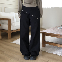 レイヤードラップリボンアイレットワイドパンツ BLACK