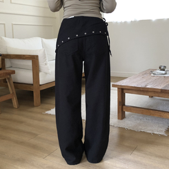 レイヤードラップリボンアイレットワイドパンツ BLACK