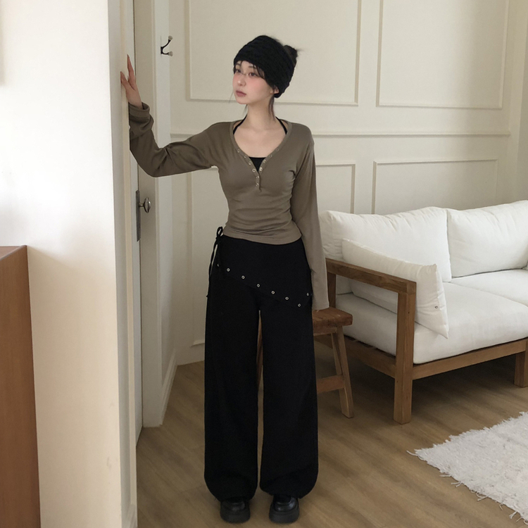 レイヤードラップリボンアイレットワイドパンツ BLACK