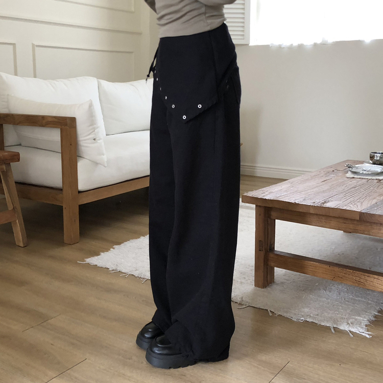 レイヤードラップリボンアイレットワイドパンツ BLACK