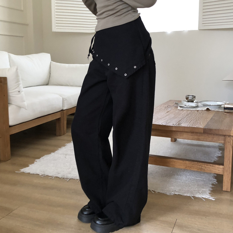 レイヤードラップリボンアイレットワイドパンツ BLACK