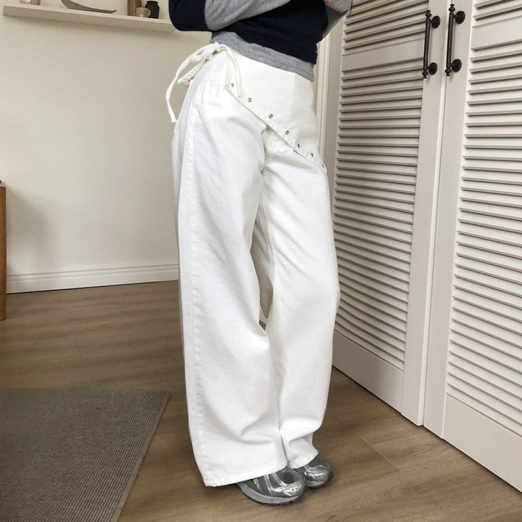 レイヤードラップリボンアイレットワイドパンツ IVORY