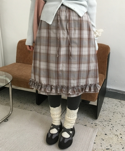 バンドチェックフリルミディスカート SKY BLUE