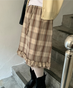 バンドチェックフリルミディスカート BEIGE