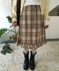 バンドチェックフリルミディスカート BEIGE