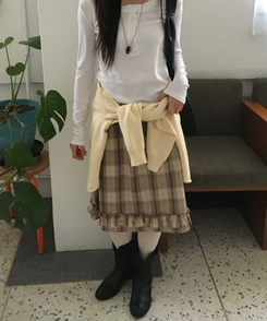 バンドチェックフリルミディスカート BEIGE