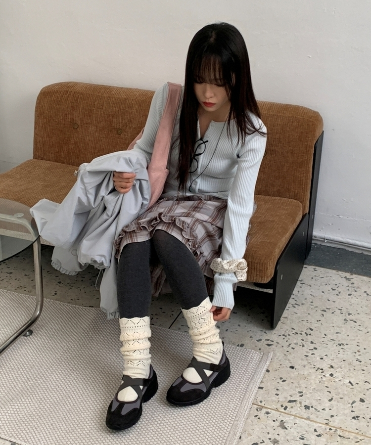 バンドチェックフリルミディスカート SKY BLUE