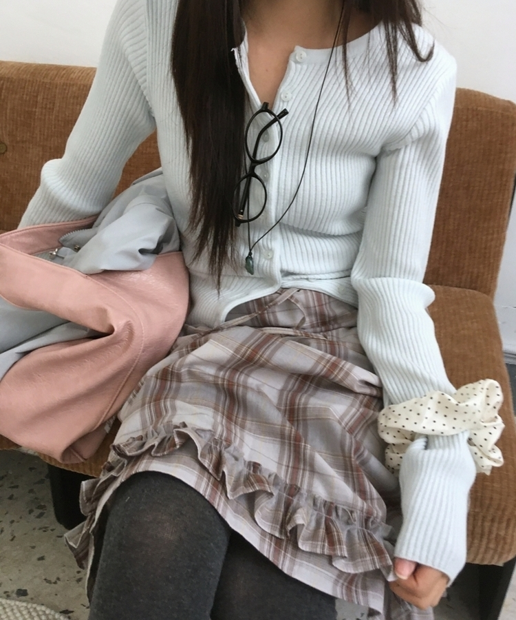 バンドチェックフリルミディスカート SKY BLUE