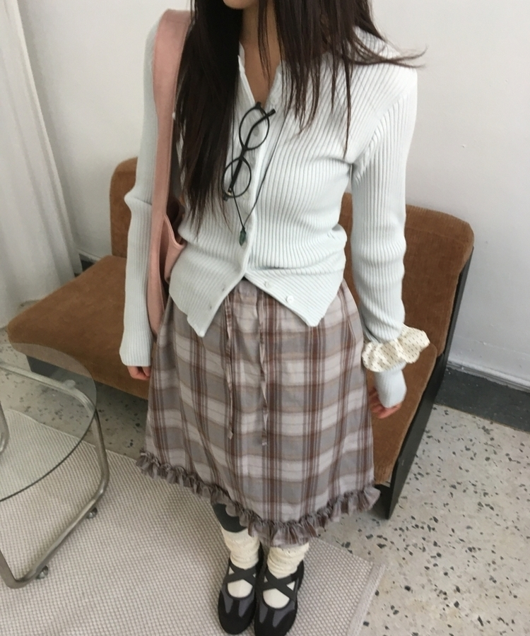 バンドチェックフリルミディスカート SKY BLUE