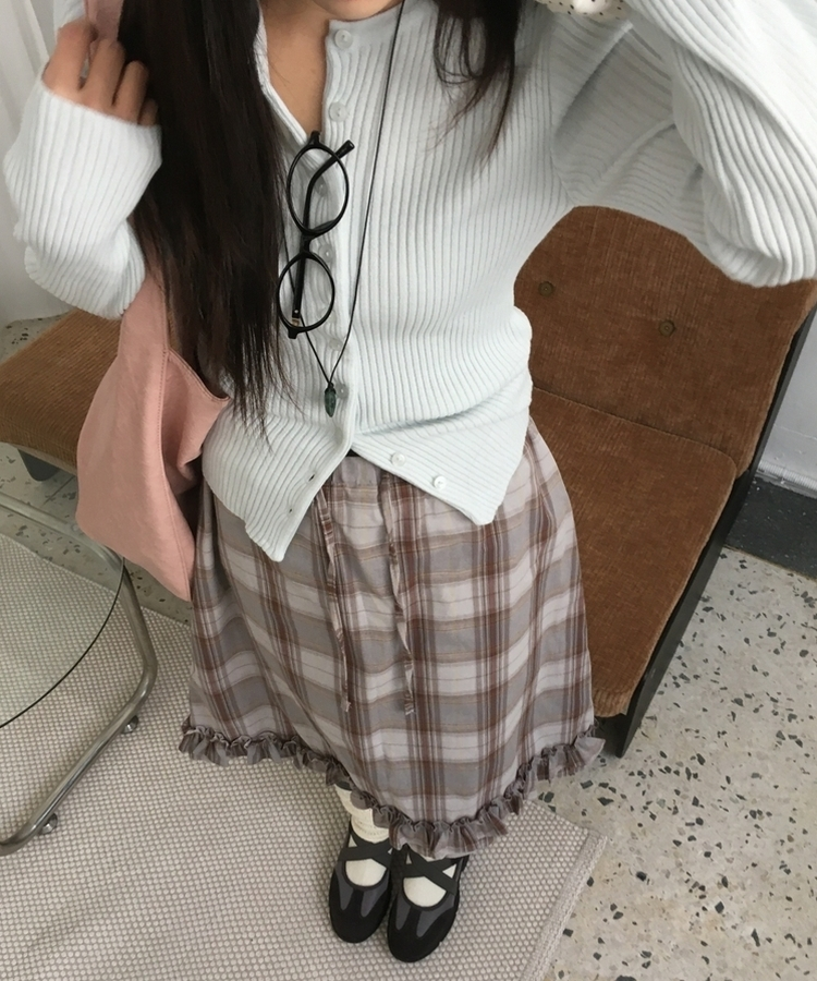 バンドチェックフリルミディスカート SKY BLUE