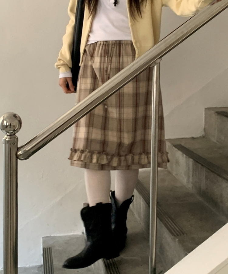 バンドチェックフリルミディスカート BEIGE