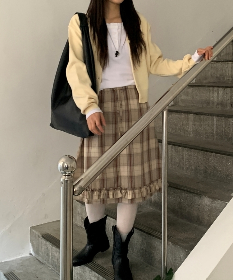 バンドチェックフリルミディスカート BEIGE
