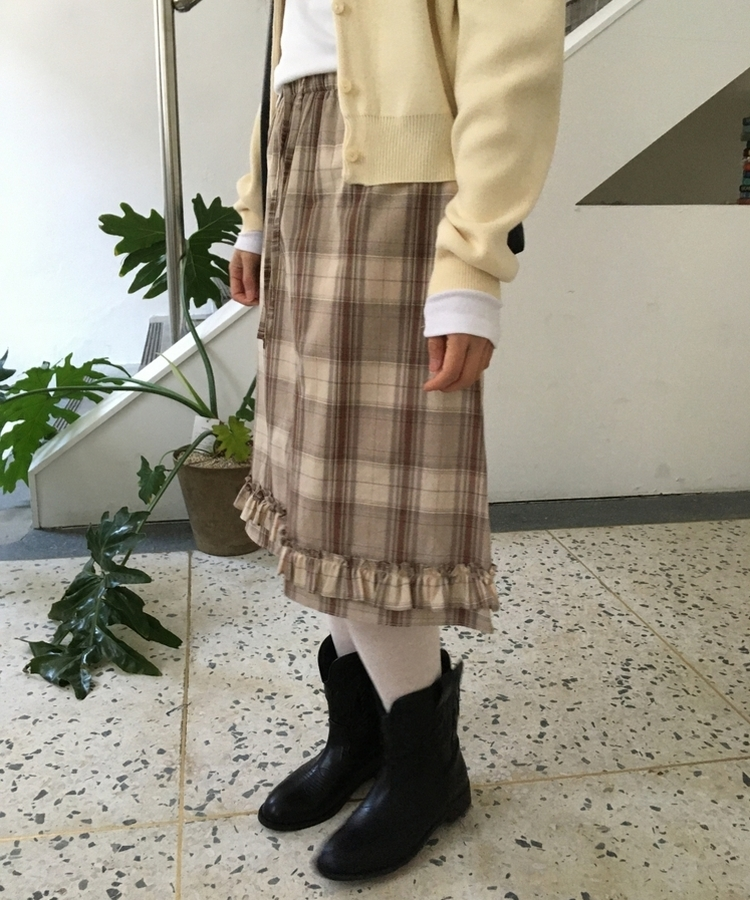 バンドチェックフリルミディスカート BEIGE