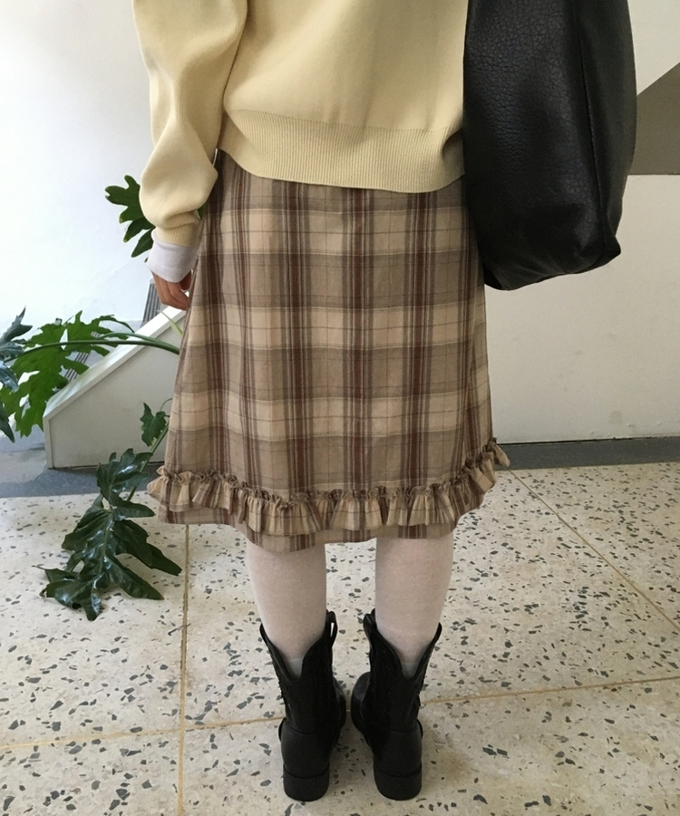バンドチェックフリルミディスカート BEIGE
