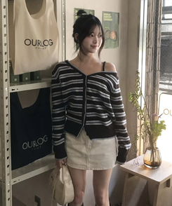 ワンショルダーストライプカーディガン SKY BLUE