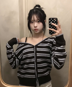 ワンショルダーストライプカーディガン SKY BLUE