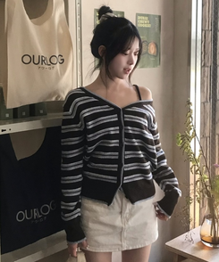 ワンショルダーストライプカーディガン SKY BLUE