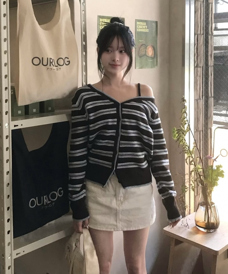 ワンショルダーストライプカーディガン SKY BLUE