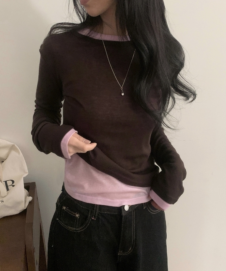 라밍 레이어드 텐셀 시스루 롱슬리브 이너 긴팔티셔츠 브라운