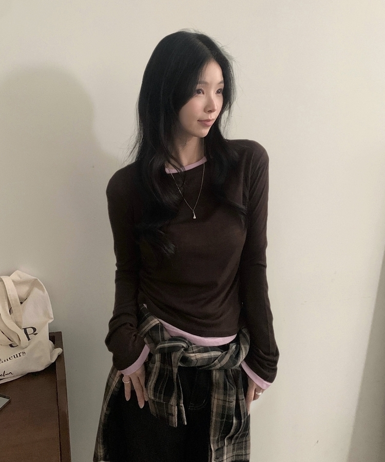 라밍 레이어드 텐셀 시스루 롱슬리브 이너 긴팔티셔츠 브라운