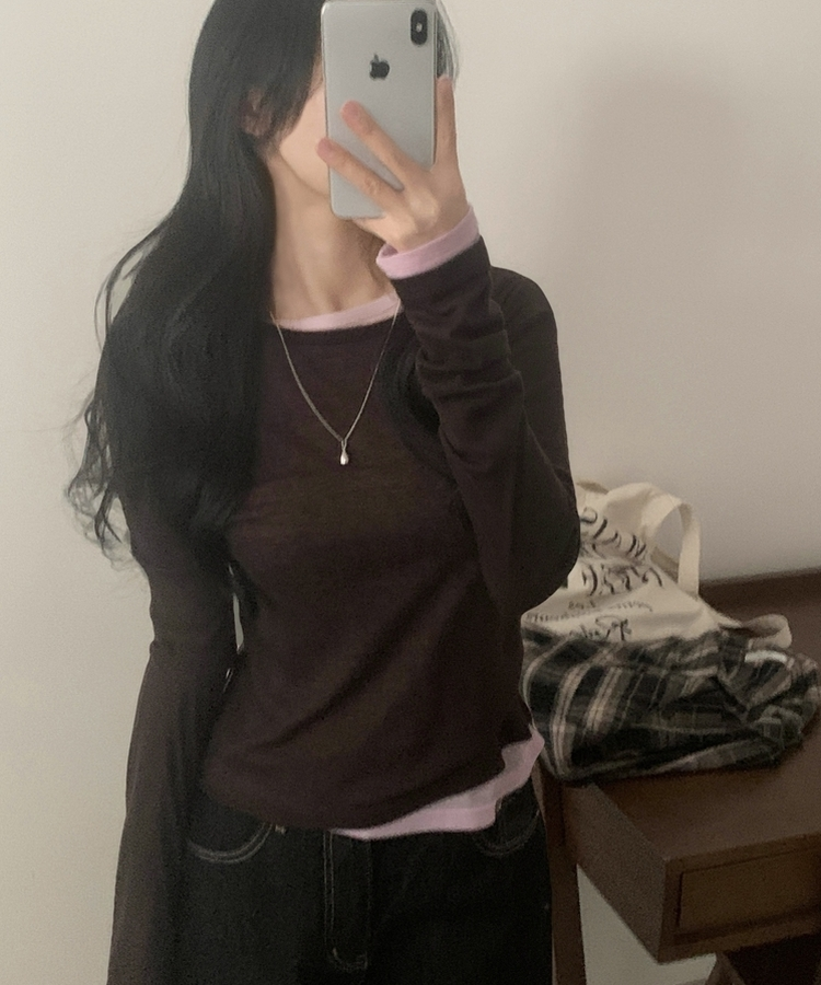 라밍 레이어드 텐셀 시스루 롱슬리브 이너 긴팔티셔츠 브라운