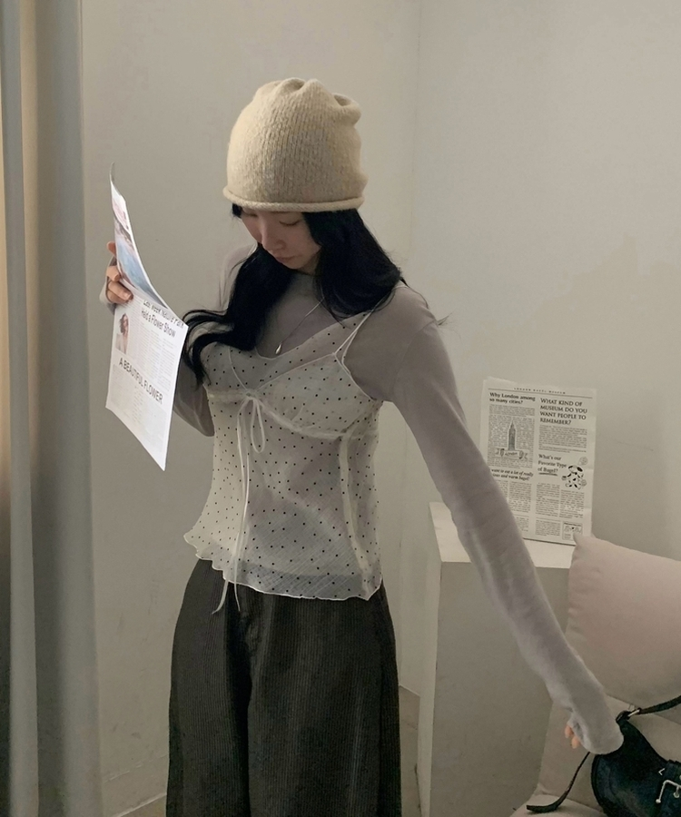 라밍 레이어드 텐셀 시스루 롱슬리브 이너 긴팔티셔츠 그레이