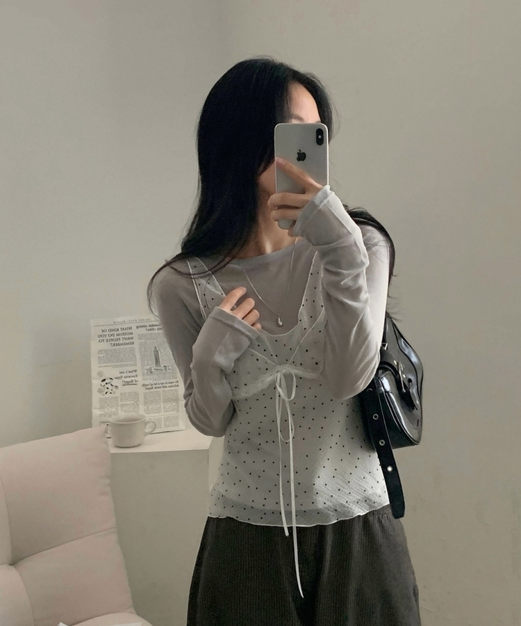 라밍 레이어드 텐셀 시스루 롱슬리브 이너 긴팔티셔츠 그레이