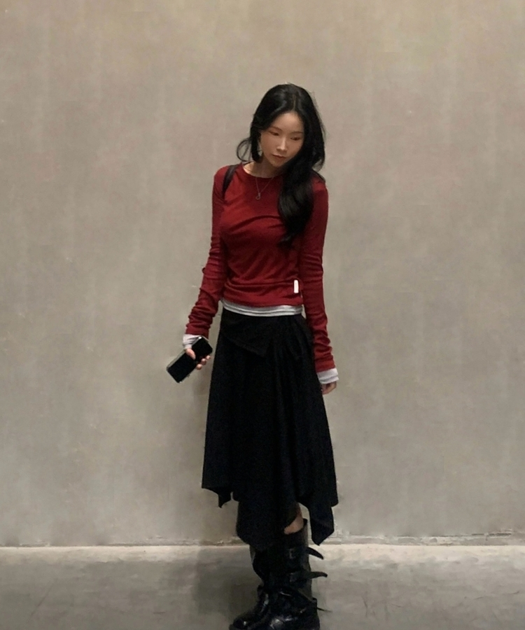 라밍 레이어드 텐셀 시스루 롱슬리브 이너 긴팔티셔츠 레드