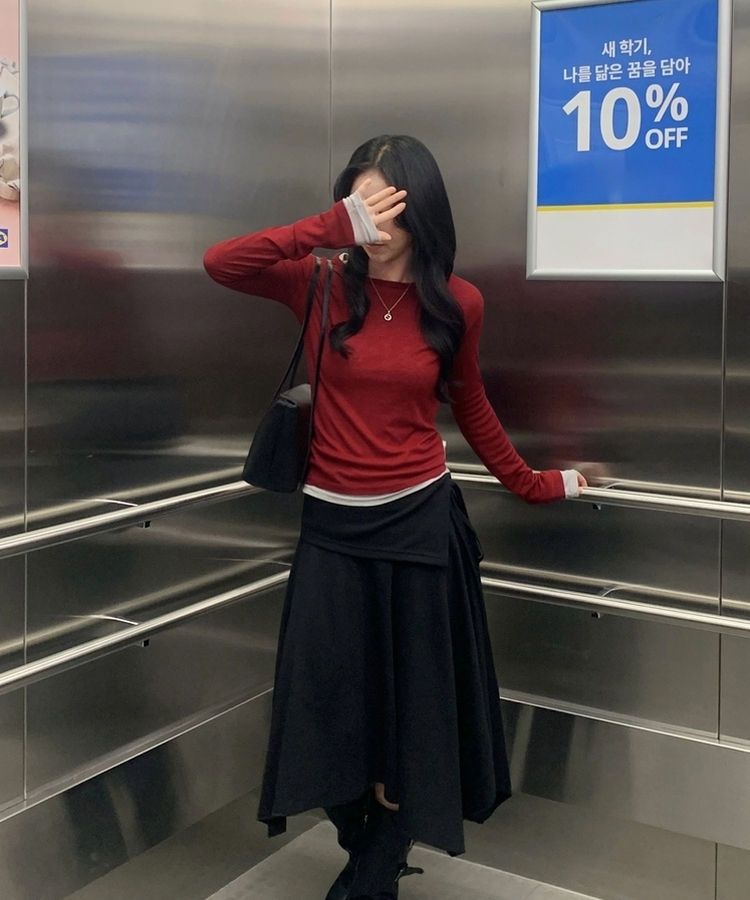 라밍 레이어드 텐셀 시스루 롱슬리브 이너 긴팔티셔츠 레드