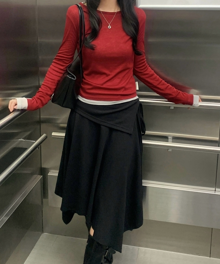 라밍 레이어드 텐셀 시스루 롱슬리브 이너 긴팔티셔츠 레드