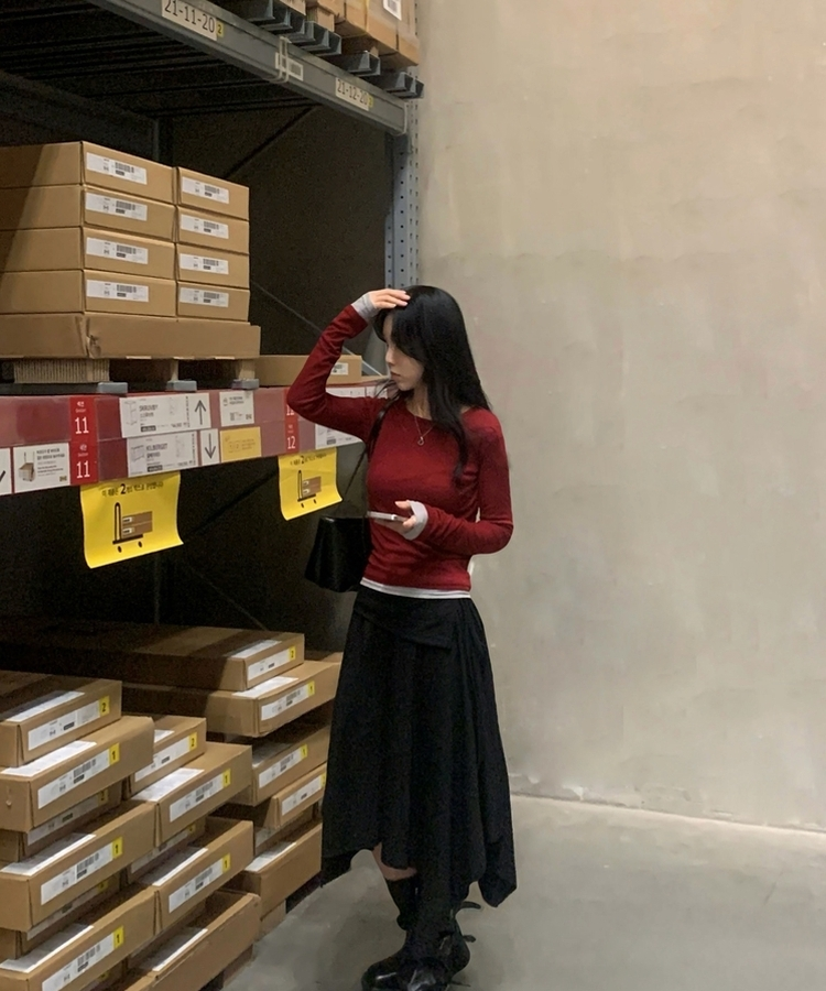 라밍 레이어드 텐셀 시스루 롱슬리브 이너 긴팔티셔츠 레드