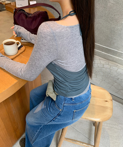 レイヤードホルターネック長袖Tシャツ GREY