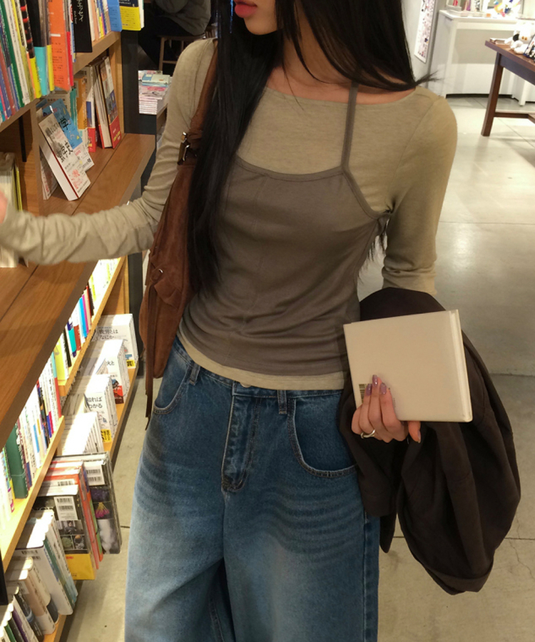 レイヤードホルターネック長袖Tシャツ KHAKI BEIGE