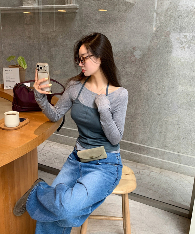 レイヤードホルターネック長袖Tシャツ GREY