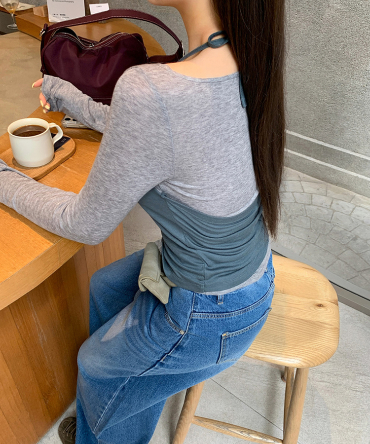 レイヤードホルターネック長袖Tシャツ GREY