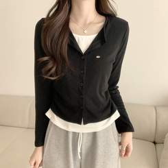 ラウンドボタンレイヤードワッペンカーディガン(5color) BLACK