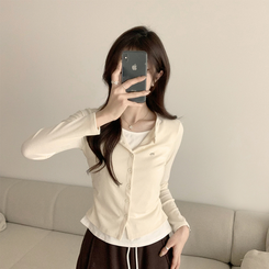 ラウンドボタンレイヤードワッペンカーディガン(5color) BEIGE