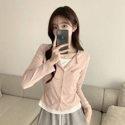 ラウンドボタンレイヤードワッペンカーディガン(5color) PINK